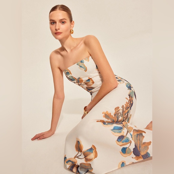 Commense Strapless Cream Midi Dress with Blue and Brown Leaf Print - Picture 2 of 7